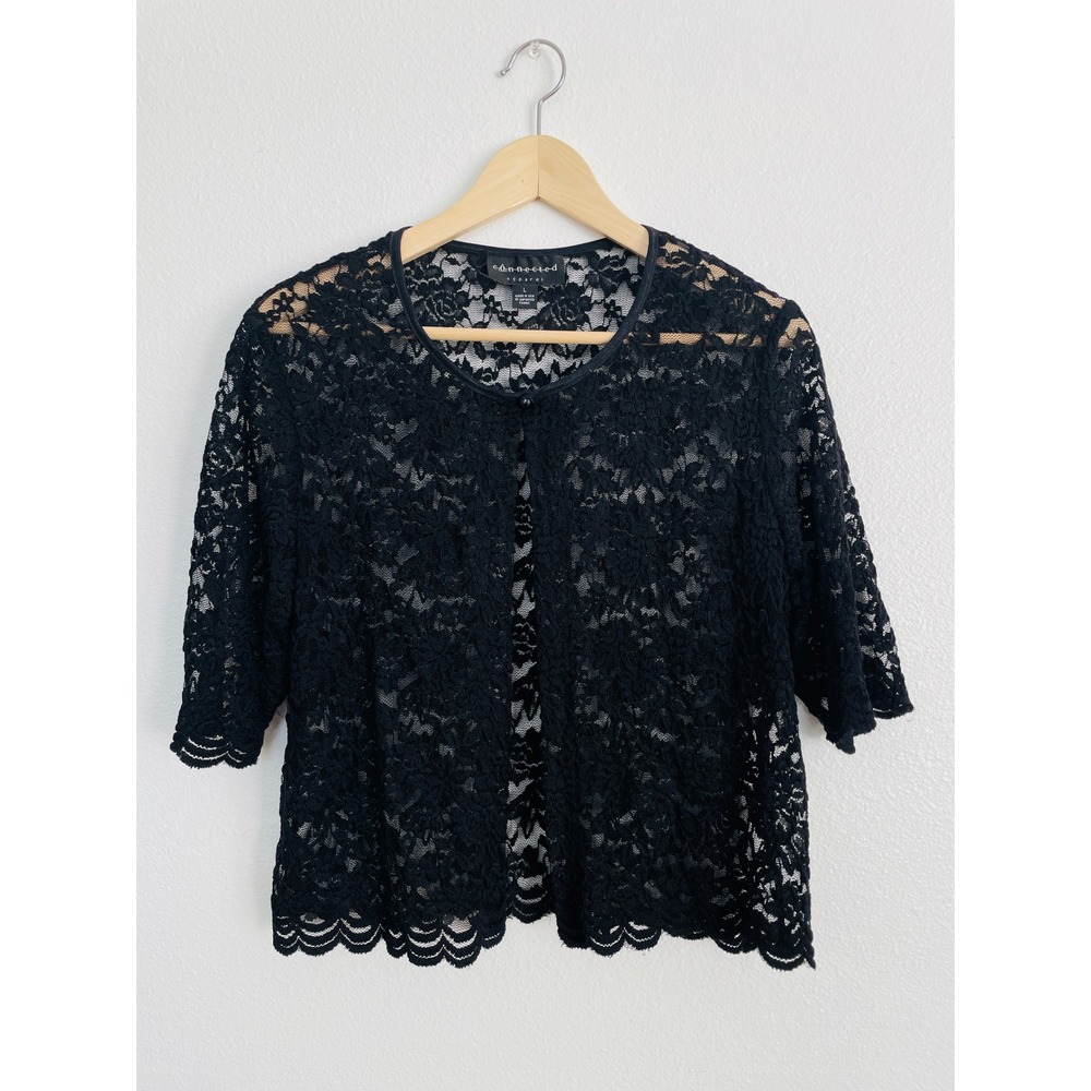 Connected Apparel Black Floral Lace Shrug Cardigan Sheer Scalloped Hem Large